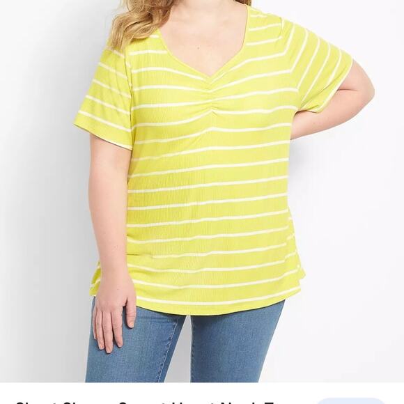 Lane Bryant Shirt Womens 22/24 Yellow White Short Sleeve Ribbed Knit Sweetheart - Picture 2 of 8